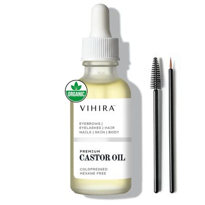 Vihira Premium Organic Castor Oil (2 Fl Oz), Cold Pressed, 100 Pure, Extra Virgin, Hexane Free, Castor Oil for Hair Growth, Eyelash, Eyebrow, Cuticles, Nails, Skin, Belly Button, Muscle Wellness.