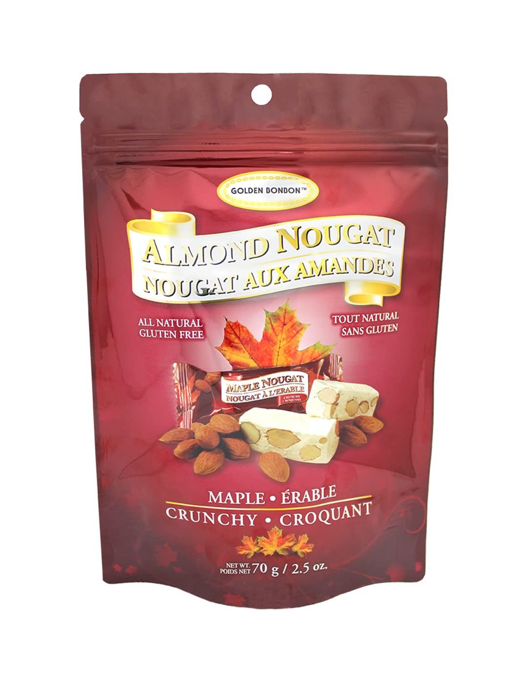 Golden Bonbon Italian Crunchy Almond Nougat Candy, Individually Packed Chewy, Gluten Free Nougat, Full of Almonds, Halal Candy (2.5 Oz, Crunchy Almond Maple)