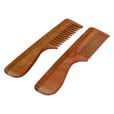 Set of 2 Natural Pure Neem Comb For Hair and Scalp Health, Promotes Hair Growth, Reduces Hair Fall - WIDE and FINE TOOTH Comb with Handle