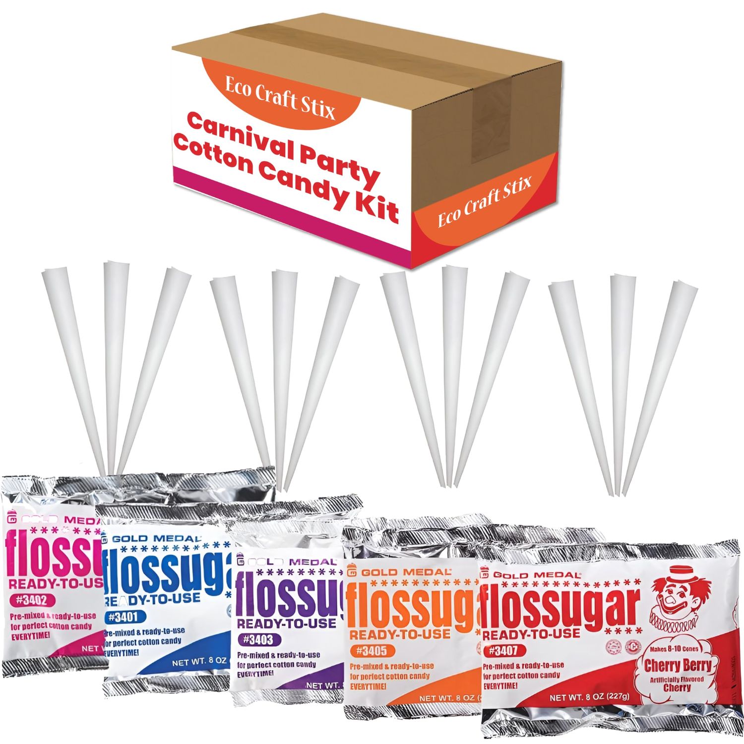 Eco Craft Stix Carnival Party Cotton Candy Kits.Includes 100CT Cotton Candy Cones and 5 Packs of 8 Ounce Assorted Cotton Sugar