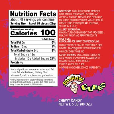 WARHEADS Cubes - Sour Sweet Fruity Chewy Candy - Orange, Watermelon, Blue Raspberry, Black Cherry, Strawberry Green Apple Flavors - 5 lb. Bulk Bag