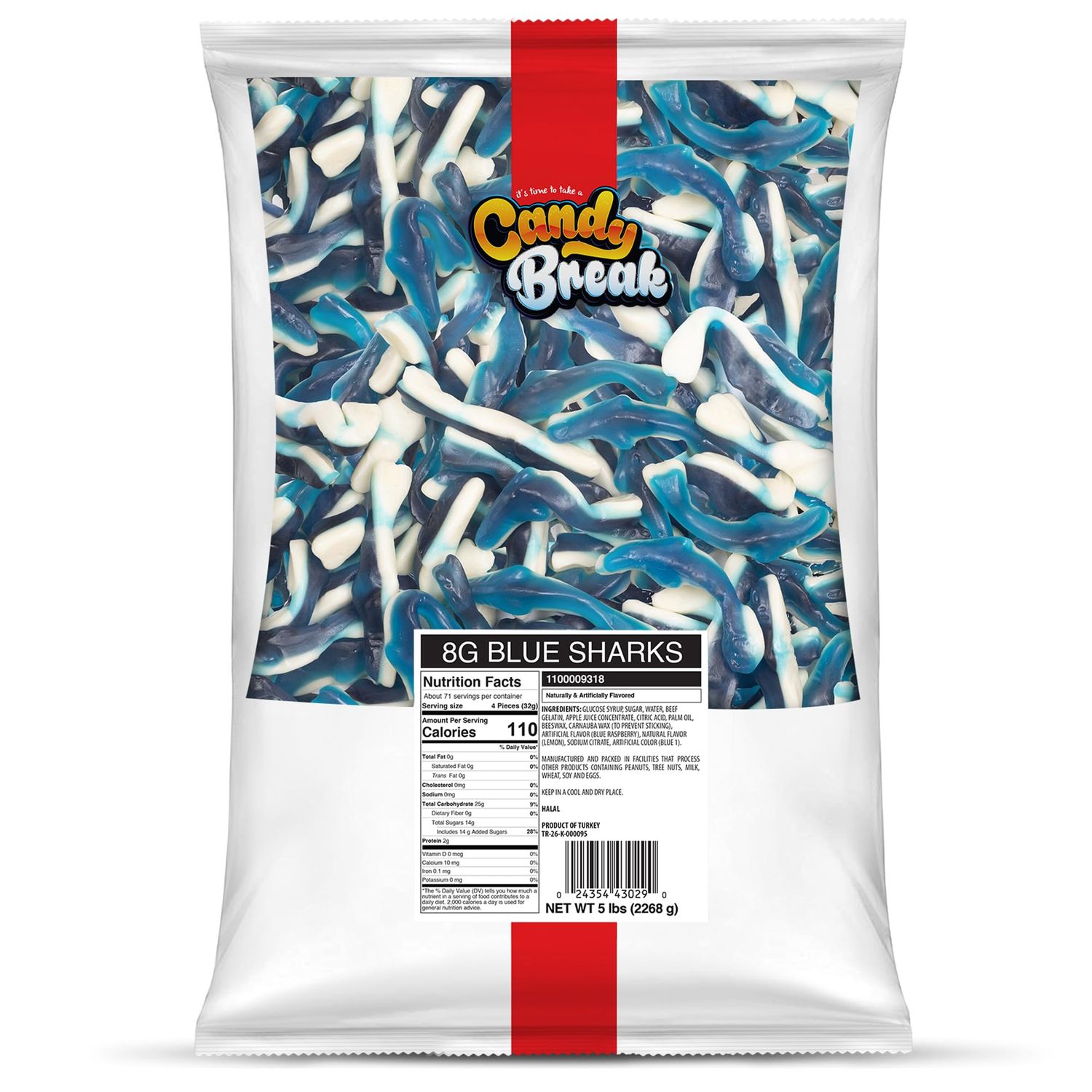 Candy Break Fruity Sweet Blue Sharks 5 lbs Share Size Bag - Chewy Gummy Bulk Candy Pack - Snacks for Kids Grown Ups Share Size Bag