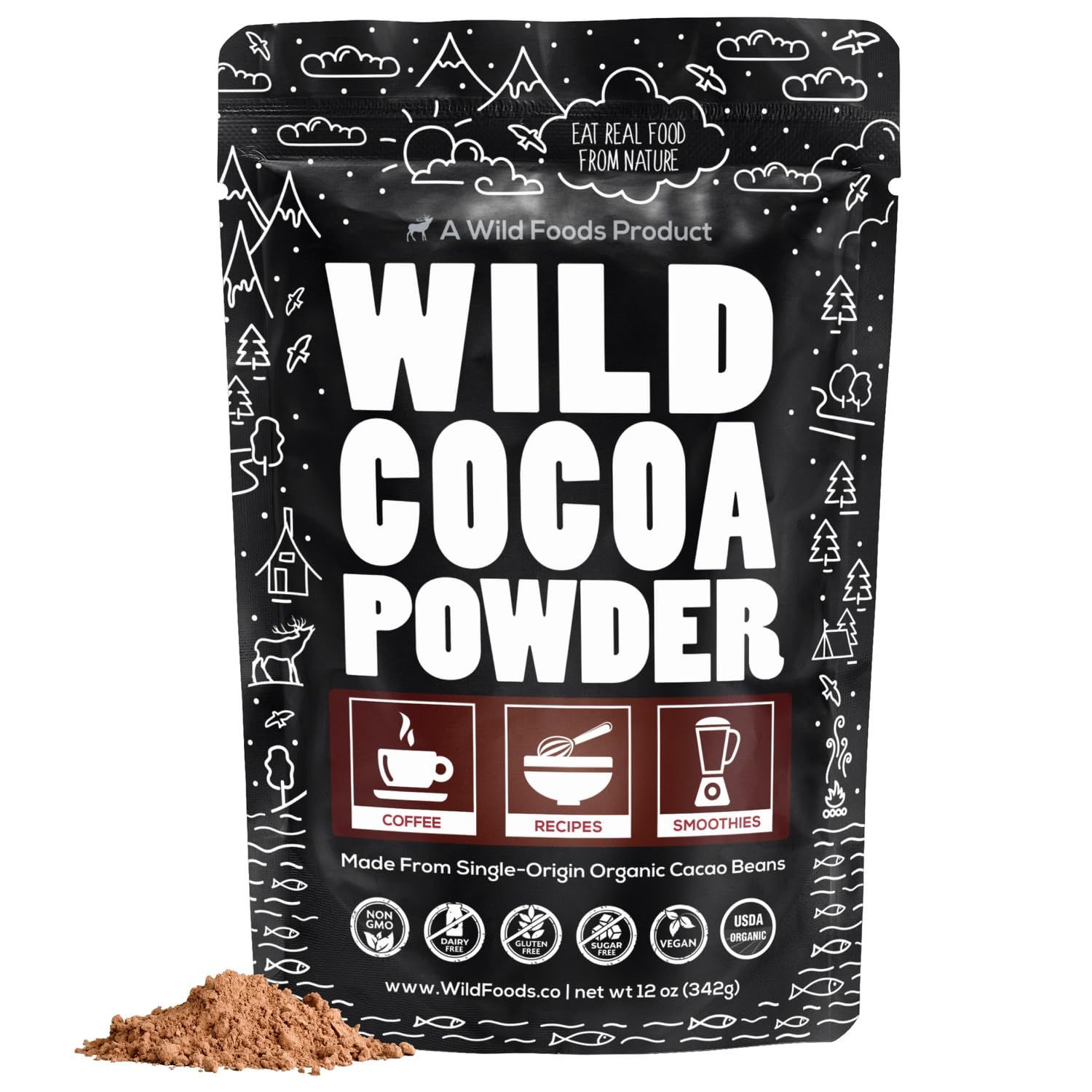 Wild Foods Organic Cocoa Powder Single Origin Unsweetened Keto Chocolate Powder for Cooking Baking 100 Natural Cacao Beans Sugar Free Non Dutch Raw Superfood 12 oz