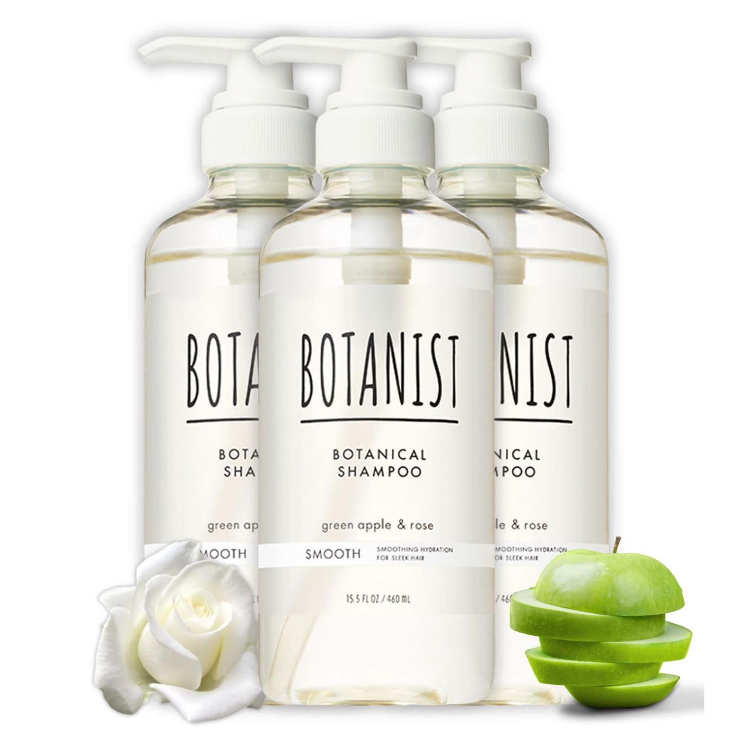 Botanist Organic Shampoo for Frizzy Dry Hair Women Men, Anti-Frizz Clarifying Shampoo with Macadamia Nut Oil Sugarcane Extract Japan, Sulfate Silicone Free, GREEN APPLE ROSE, 15.5 Fl Oz, 3EA