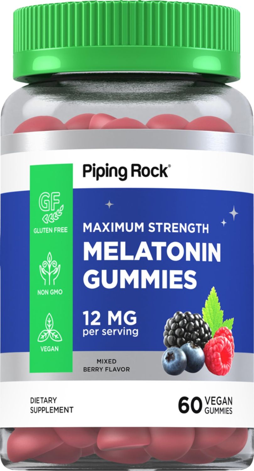 Piping Rock Melatonin Gummies 12mg 60 Count Maximum Strength Berry Flavor Vegan, Non-GMO, Gluten Free Supplement