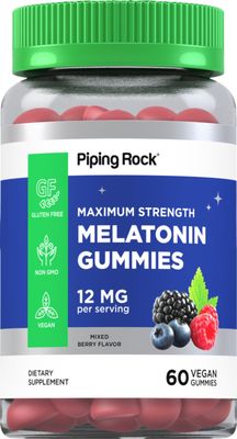Piping Rock Melatonin Gummies 12mg 60 Count Maximum Strength Berry Flavor Vegan, Non-GMO, Gluten Free Supplement