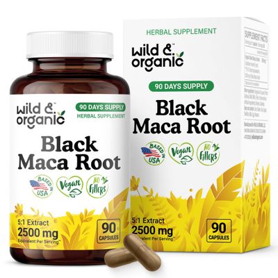Wild Organic Black Maca Root Capsules for Men Women 500 mg - Maca Root Extract for Overall Support - 90 Vegan Capsules - Women Men Supplement - 90 Days Supply - Non-GMO, No Fillers, Gluten-Free