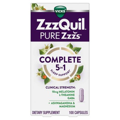 ZzzQuil Pure Zzzs Complete Sleep, Melatonin 10mg, L-Theanine, GABA, with Ashwagandha, and Magnesium, Melatonin Sleep Aid, 100 Count