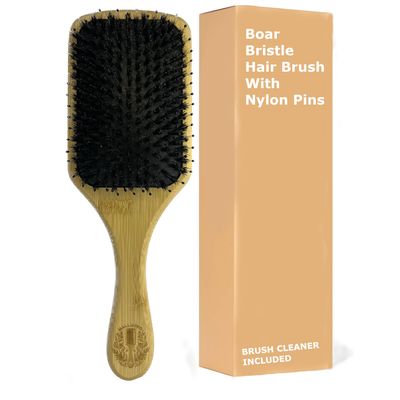 Bamboo Hair Brush with Nylon and Boar Bristles - Includes Brush Cleaner, for All Hair Types, Detangling, Smoothing, and Reducing Frizz Naturally