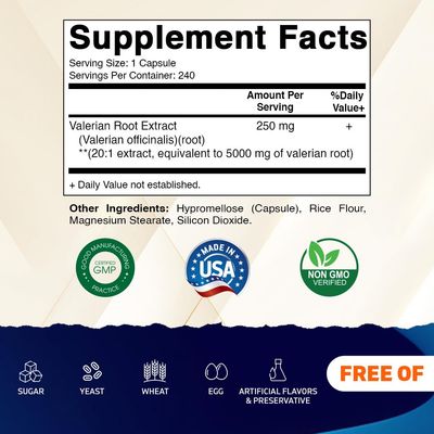 Vitamatic Valerian Root 5000mg Equivalent Per Serving (from 20:1 Extract 250 mg) - 240 Capsules - 20X Concentrated Extract