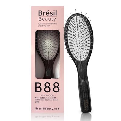 Bresil Beauty&#39;s Ash Wood Paddle Hair Brush WLong Therapeutic Metal Pins - Better Than Boar Bristle Hair Brush I Hairbrush for Women I DryWet I Detangle I Thick Fine Curly Straight Hair