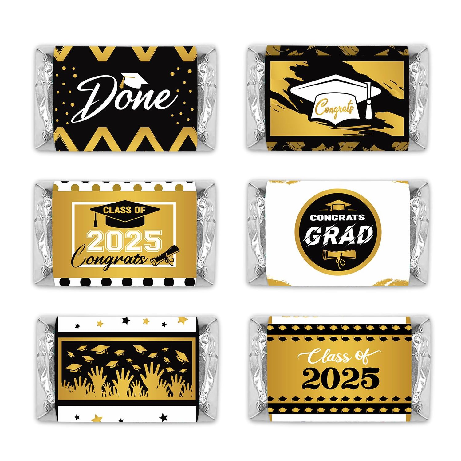Graduation Cap Party Class of 2025 Miniatures Candy Bar Wrapper, Mini Candy Chocolate Bar Stickers, Labels, Candy Not Included, Color Black Gold .54 Count