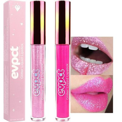 evpct 2Pcs Rose Hot Pink Glitter Metallic Shimmer Diamond Lipstick Lip Gloss Set for Women Long Lasting Waterproof, Light Bright Rose Pink Sparkle Glitter Matte Liquid Lipstick Lip Makeup Kit