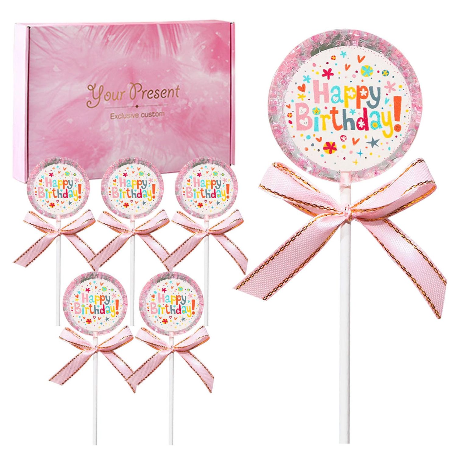 KWOLYKIM Pink Hard Candy Lollipops with Pink Crystal and Happy Birthday Words Individually Wrapped Handmade Birthday Lollipops Great for Party Favors, Birthday or Gift