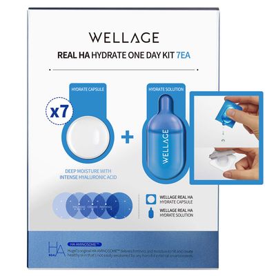 WELLAGE Real HA Hydrate One Day Kit 7ea, Firming and Moisturizing Care, High Concentration Hyaluronic Acid Serum for Dry and Sensitive Skin, Clear Blue Formula with 8 Herbal Extracts