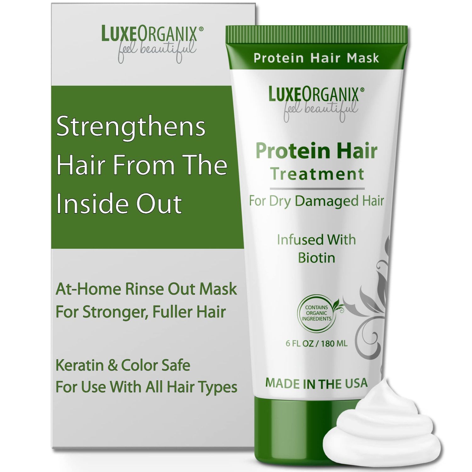 Protein Hair Treatment for Dry Damaged Hair: Moisturizing Hair Mask for Thicker Fuller Looking Hair - Deep Hair Conditioner Treatment Leaves Hair Light Bouncy - Keratin Color Safe. (6oz)
