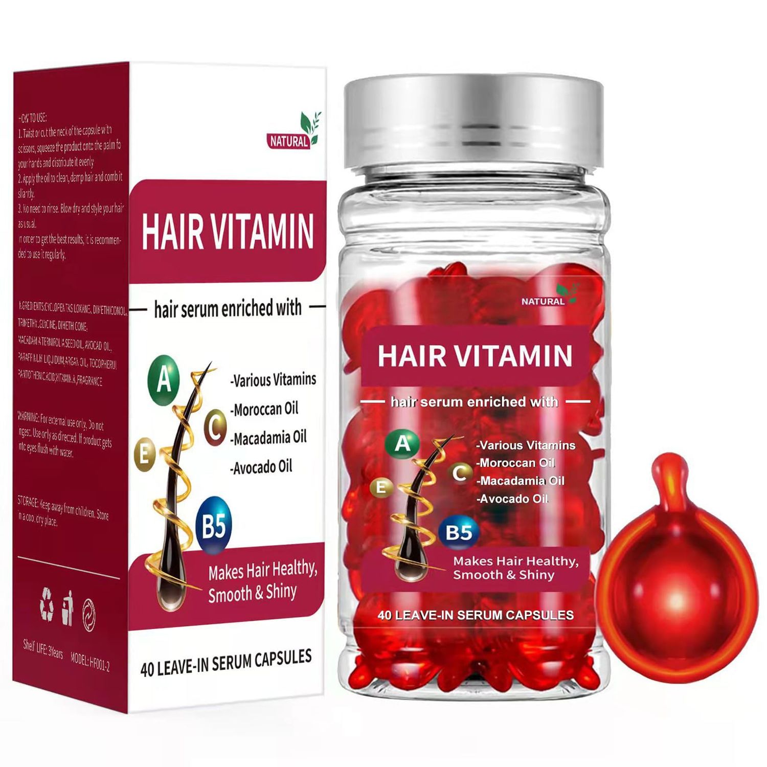 Hair Vitamin Serum Capsules, Deep Nourishing Hair Treatment Serum with Moroccan Macadamia Avocado Oils - Vitamins A, C, E Pro B5 - No Rinse, Conditioner for Women Men