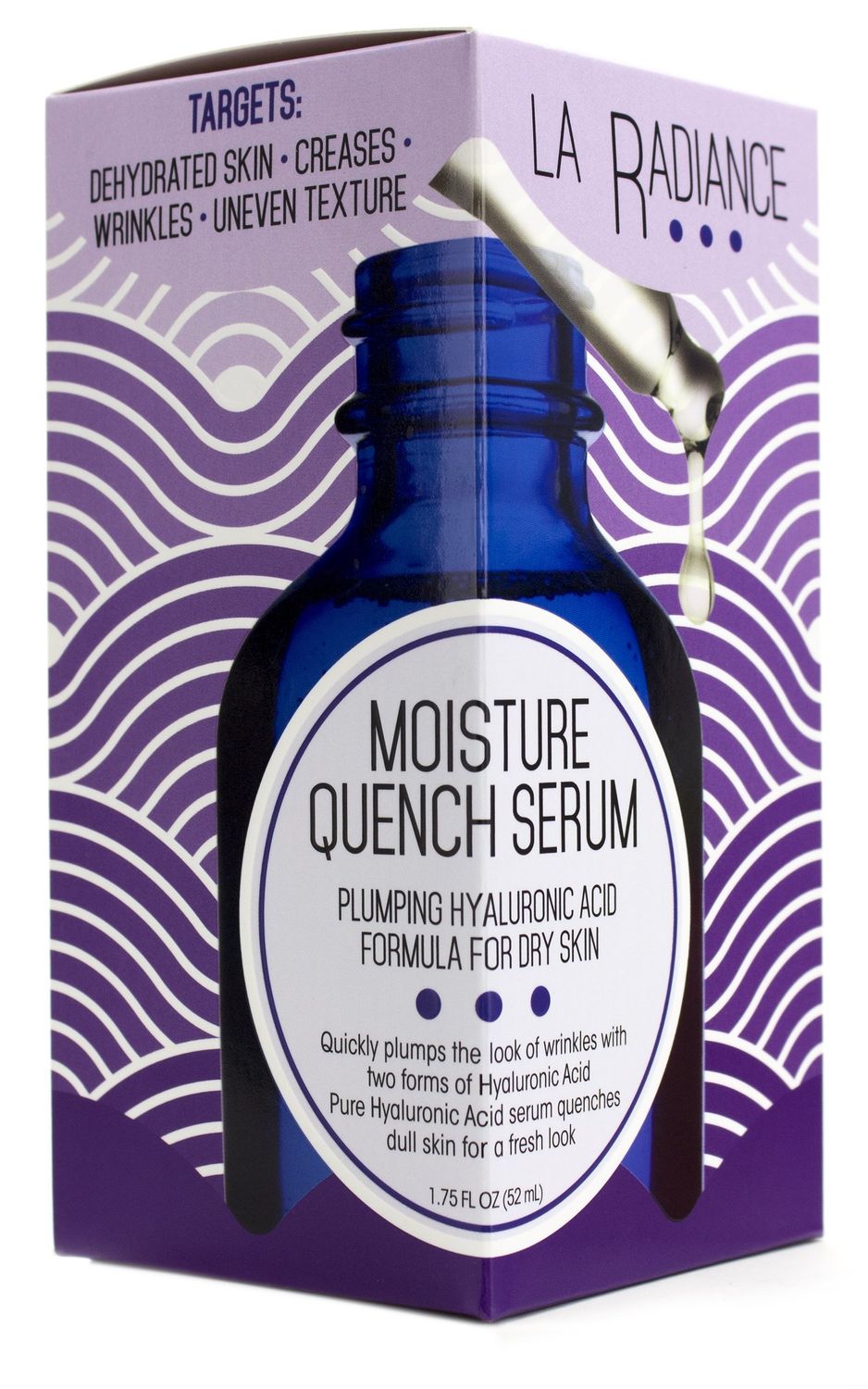 La Radiance Moisture Quench Anti-Aging Serum for wrinkles and uneven skin tone. Made with Pure Hyaluronic Acid to help hydrate and plump skin. Large 1.75oz glass bottle with dropper.
