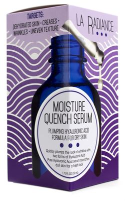 La Radiance Moisture Quench Anti-Aging Serum for wrinkles and uneven skin tone. Made with Pure Hyaluronic Acid to help hydrate and plump skin. Large 1.75oz glass bottle with dropper.