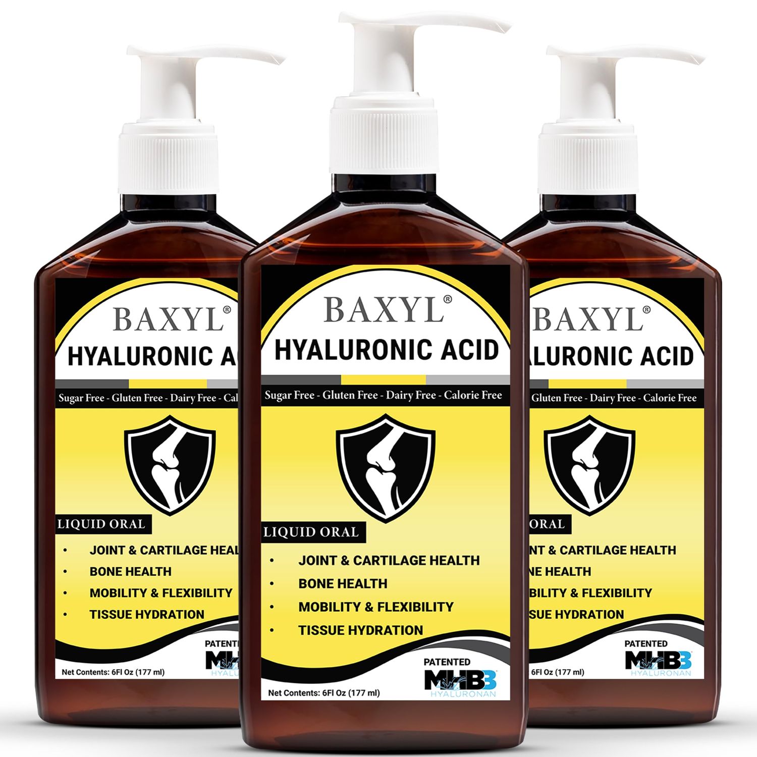 BAXYL Liquid Hyaluronic Acid Supplement - Natural Citric Acid, Potassium Sorbate Ingredients Formulated Flavorless Syrup - Provide Healthy Cartilage Bone Formation - 3 Bottles of 6 Fl Oz