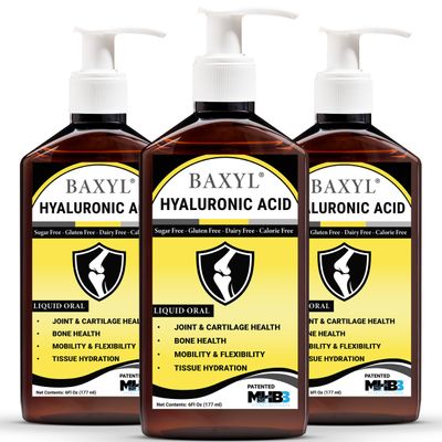 BAXYL Liquid Hyaluronic Acid Supplement - Natural Citric Acid, Potassium Sorbate Ingredients Formulated Flavorless Syrup - Provide Healthy Cartilage Bone Formation - 3 Bottles of 6 Fl Oz