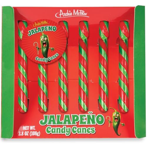 Archie McPhee's Jalapeo Candy Canes - 6 Count, 9 grams Each - Mexican Cuisine Inspired Holiday Candy, Perfect Christmas Stocking Stuffer and Gag Gift