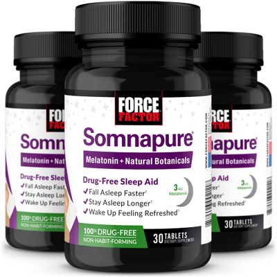 Force Factor Somnapure, 3-Pack, Sleep Support for Adults for Occasional Sleeplessness with Melatonin Valerian, Non-Habit-Forming Sleeping Pills, Fall Asleep Faster, Wake Up Refreshed, 90 Tablets