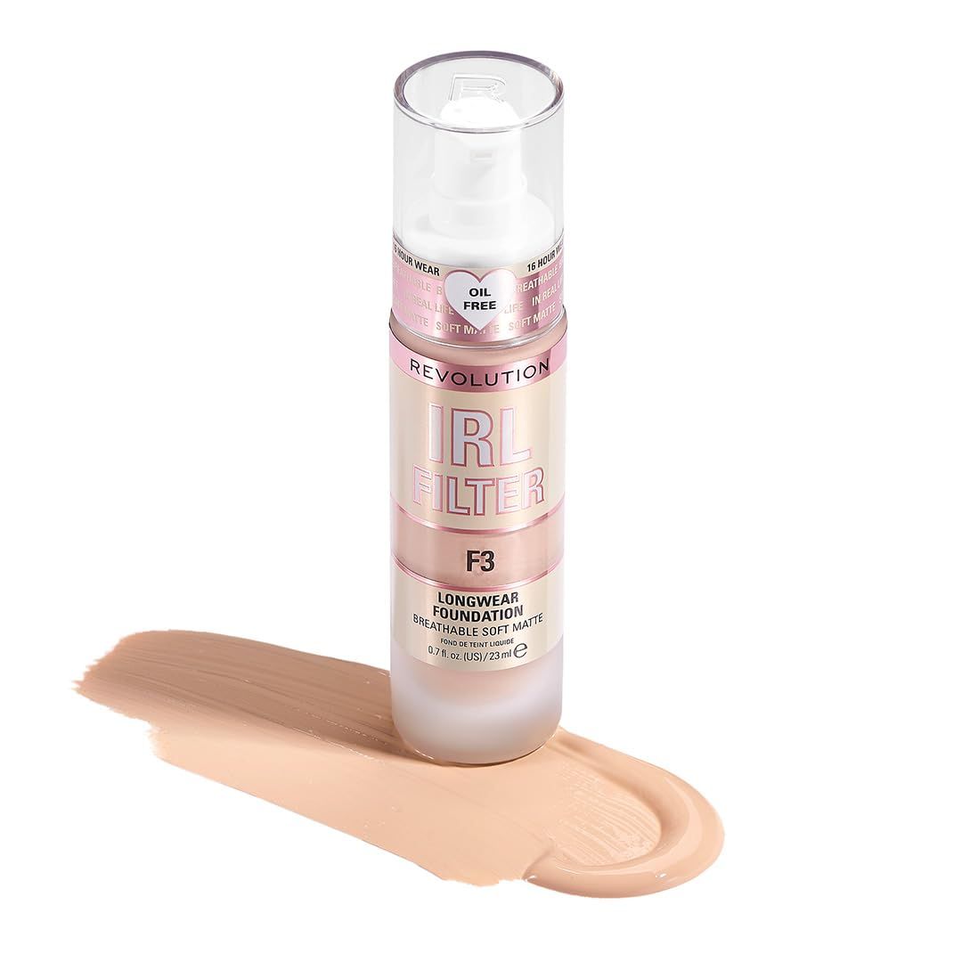 Revolution, IRL Filter Longwear Foundation, Soft Breathable Formula, Medium to Full Coverage, Matte Finish, F3, 0.7 fl oz