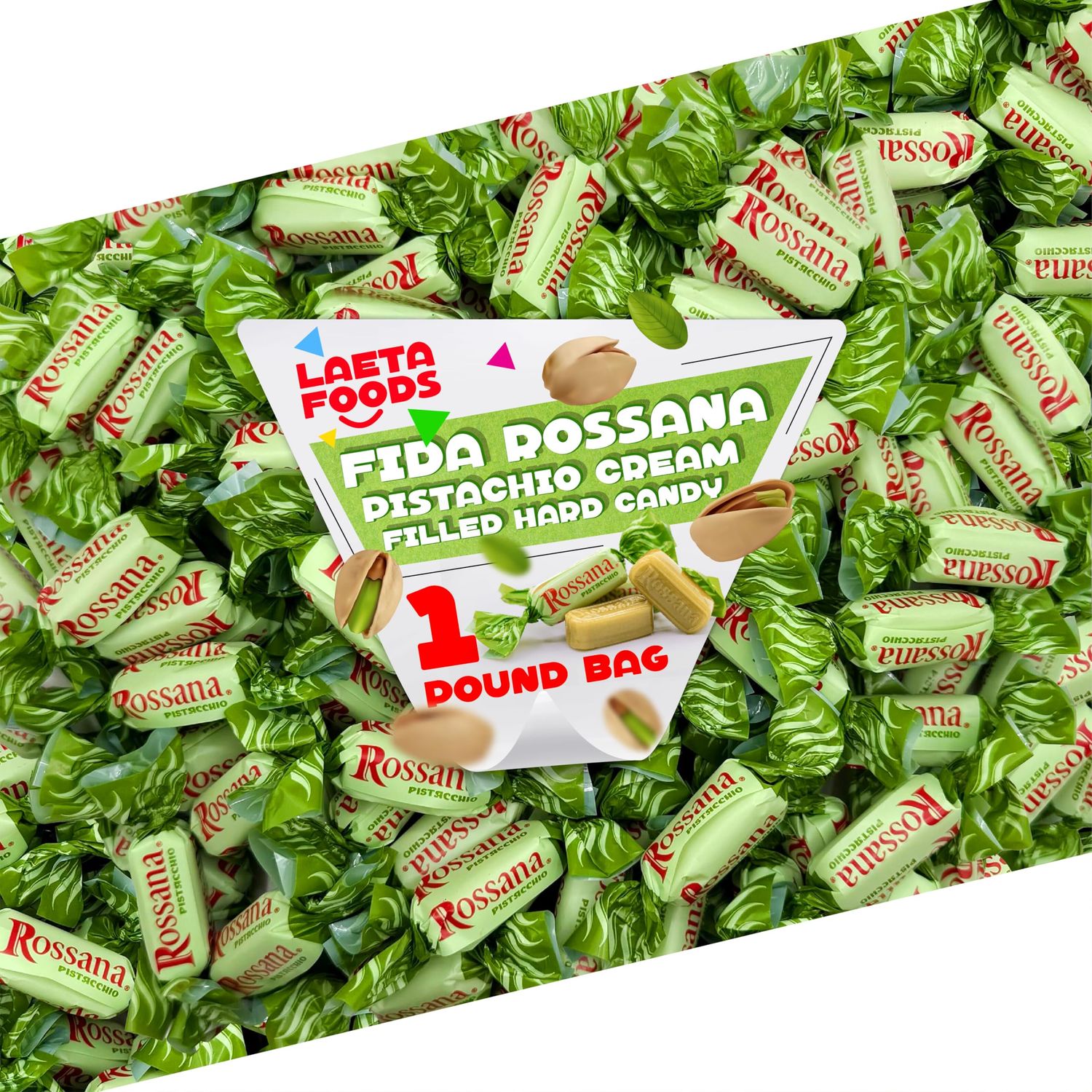 Fida Rossana Pistachio Hard Candy 1 Pound Bag - About 75 Count Individually Wrapped Rossana Italian Candy Rich Pistachio Cream Center Filled Gourmet Treat