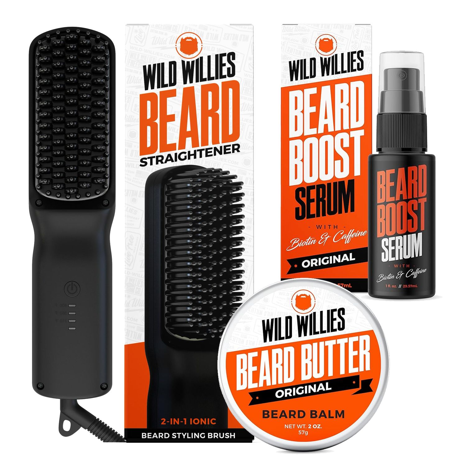 Wild Willies Beard Care Kit: Heated Beard Straightener for Men, Beard Butter, Beard Growth Serum - Ultimate Grooming Tool Set, Beard Balm, Hydrating Serum, Hot Comb Beard Brush for Daily Use