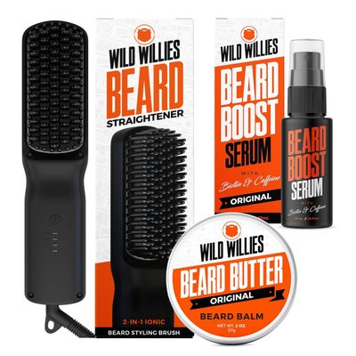 Wild Willies Beard Care Kit: Heated Beard Straightener for Men, Beard Butter, Beard Growth Serum - Ultimate Grooming Tool Set, Beard Balm, Hydrating Serum, Hot Comb Beard Brush for Daily Use