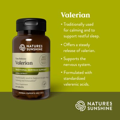 Nature's Sunshine Valerian Root Extract Time Release, 60 Capsules Herbal Supplement Promotes Relaxation, Supports Sleep, and Delivers Natural Nervous System Support