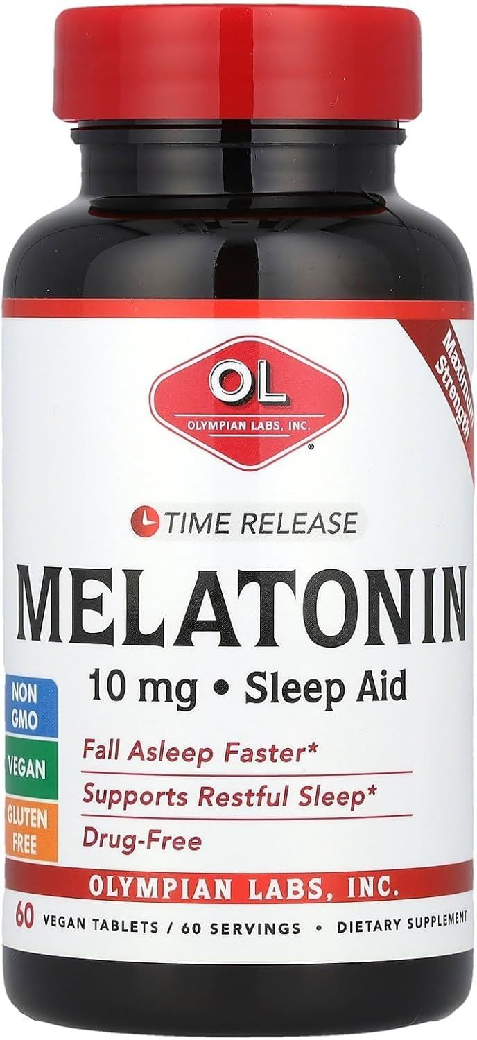 Olympian Labs Melatonin 10mg Time Release with Vitamin B6 - Maximum Strength Tablets - Drug-Free, Supports Restful Sleep, Nighttime Sleep Aid - 60 Vegan Tablets (60 Servings)