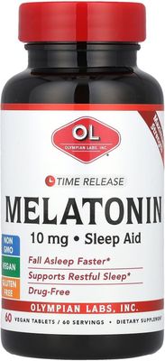 Olympian Labs Melatonin 10mg Time Release with Vitamin B6 - Maximum Strength Tablets - Drug-Free, Supports Restful Sleep, Nighttime Sleep Aid - 60 Vegan Tablets (60 Servings)