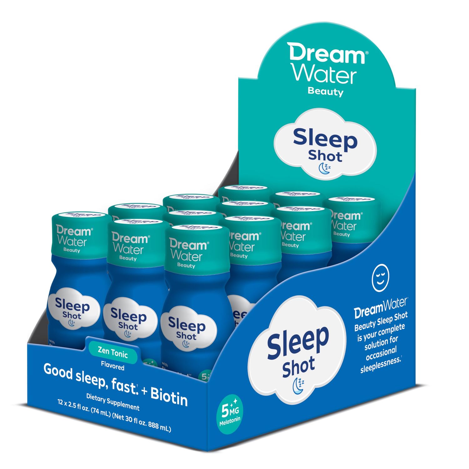 Dream Water Beauty Sleep Aid Drink Supplement; Melatonin 5mg, GABA, 5-HTP, Plus Biotin for Healthy Skin, Hair and Nails; 2.5 oz Liquid Sleep Shots, Zen Tonic 12-Count