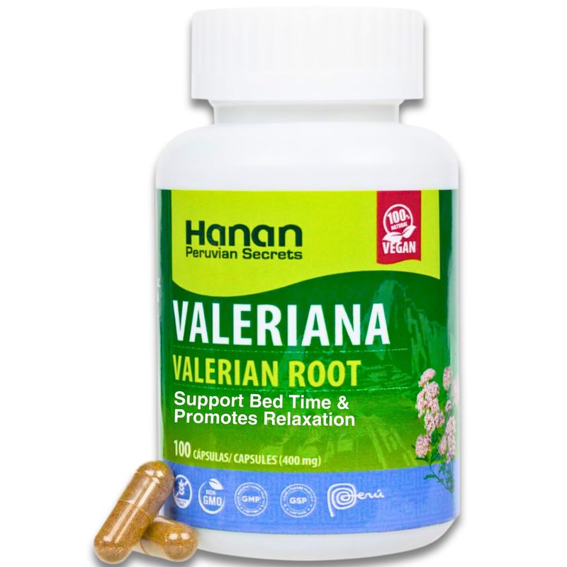HANAN PERUVIAN SECRETS Valerian Root Capsules (100ct) - Pure Valeriana Te de Valeriana Herbal Calming Night Relaxation Wellness Support Tea Supplement from Peru