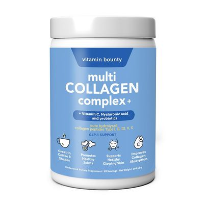 Vitamin Bounty Multi Collagen Complex Plus - 5 Types of Hydrolyzed Collagen Peptides for Women Men wVitamin C, Hyaluronic Acid Probiotics Supports Skin, Hair, Joints Gut Health 28 Servings