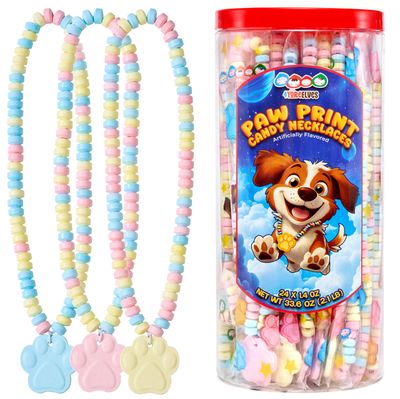 24 Paw Print Candy Necklaces, Great for Bluey or Paw Patrol Parties or Goody Bags, Dog-themed Decor, Novelty Candy Necklaces with Paw Print Pendant, by 4YoreElves