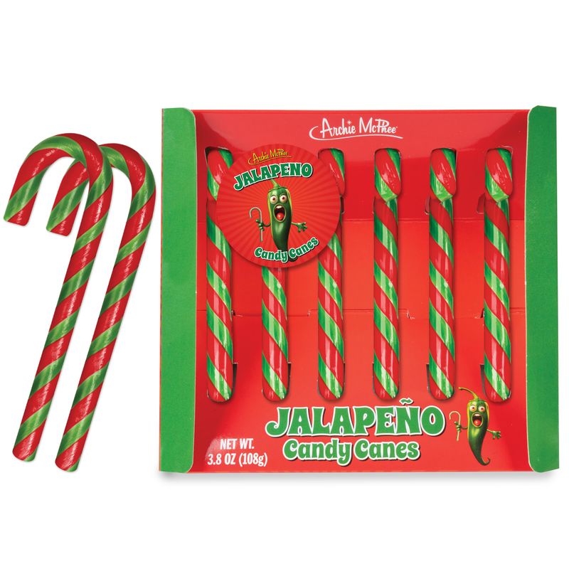Archie McPhee's Jalapeo Candy Canes - 6 Count, 9 grams Each - Mexican Cuisine Inspired Holiday Candy, Perfect Christmas Stocking Stuffer and Gag Gift