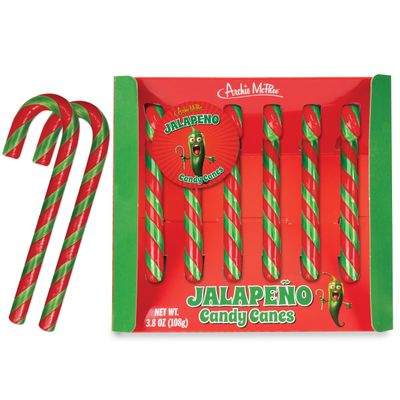 Archie McPhee's Jalapeo Candy Canes - 6 Count, 9 grams Each - Mexican Cuisine Inspired Holiday Candy, Perfect Christmas Stocking Stuffer and Gag Gift