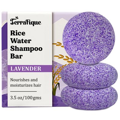 TERRAFIQUE Rice Water Shampoo Bar - Lavender Shampoo Bar for Hair Growth - Contains Shea Butter, Coconut - For Thinning Hair - 3.5 Oz - Pack of 3