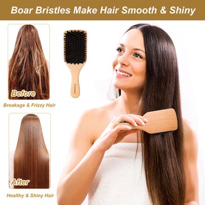 Sosoon Hair Brush, 100 Pure Boar Bristle Paddle Brush for All Hair Types, Restore Shine Texture and Makes Hair Smooth Health