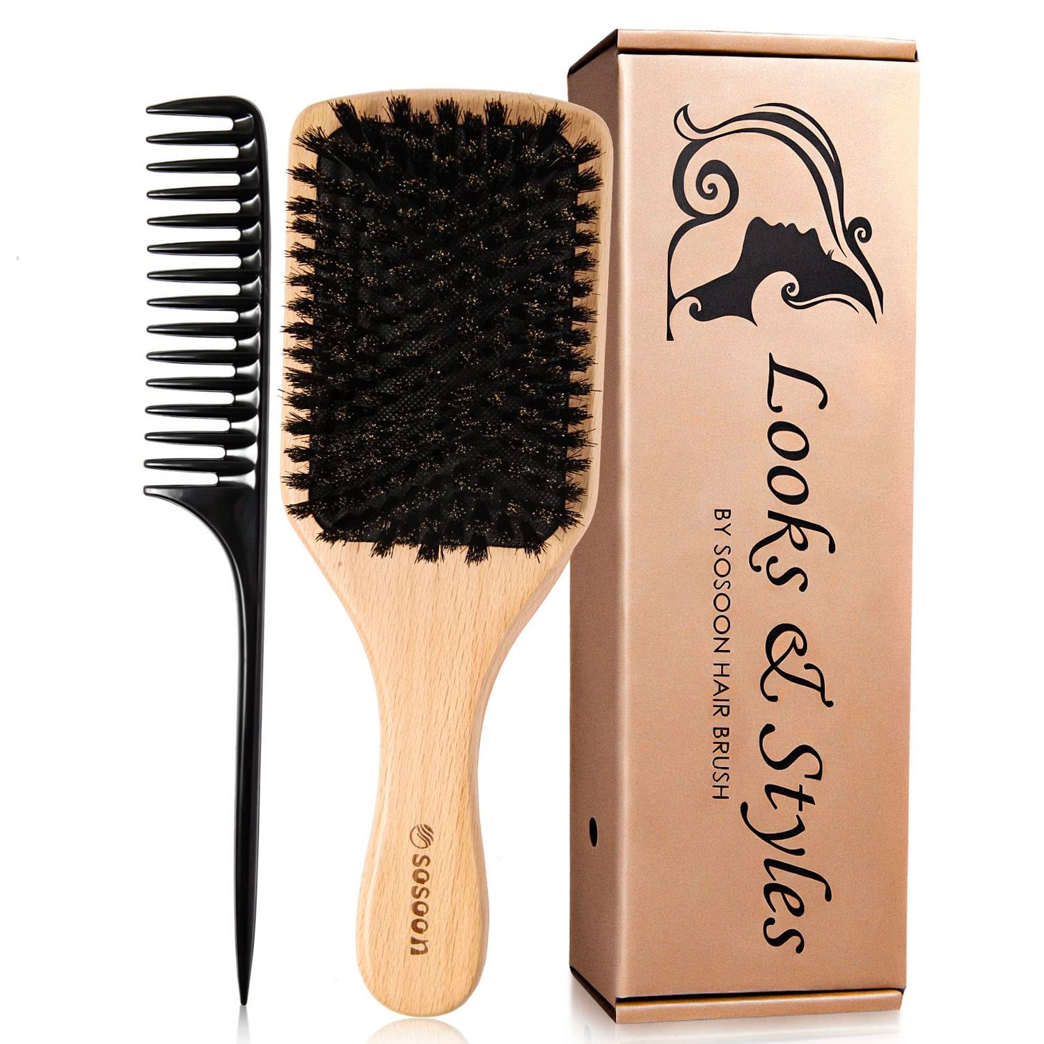 Sosoon Hair Brush, 100 Pure Boar Bristle Paddle Brush for All Hair Types, Restore Shine Texture and Makes Hair Smooth Health