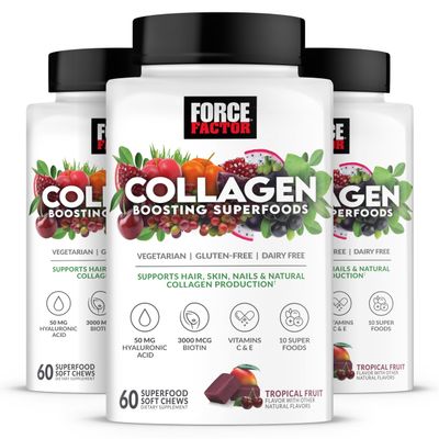 FORCE FACTOR Collagen Boosting Superfoods, Vegan Collagen Booster for Women, With Biotin, Hyaluronic Acid, and Vitamin C, For Hair, Skin, Nails, Joint Support, Tropical Fruit, 180 Soft Chews, 3-Pack