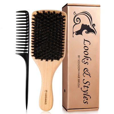 Sosoon Hair Brush, 100 Pure Boar Bristle Paddle Brush for All Hair Types, Restore Shine Texture and Makes Hair Smooth Health