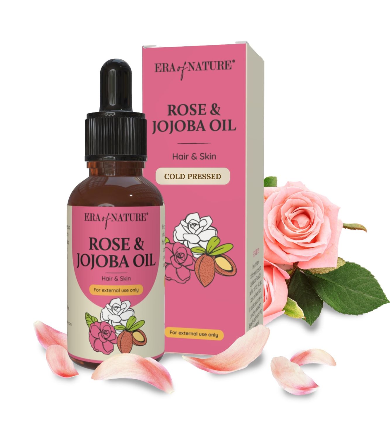 era of nature Rose and Jojoba Oil - 100 Cold-Pressed Pure Rose and Jojoba Oil for Hair, Skin, Lips, Acne, and Beard Care - 1oz