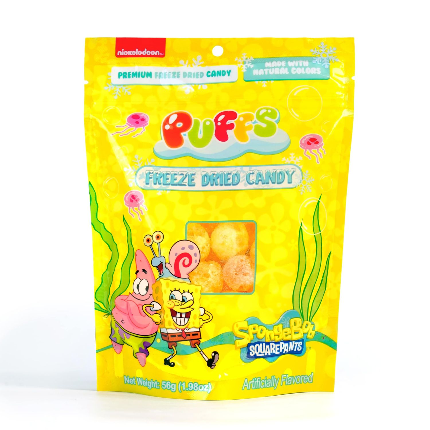 SpongeBob SquarePants Freeze Dried Candy - Crunchy Sweets with Natural Colors - Licensed Character Treats SpongeBob - Premium Freeze Dry candy - Lemon, Strawberry Orange Puffs- 56g (1.98 oz)