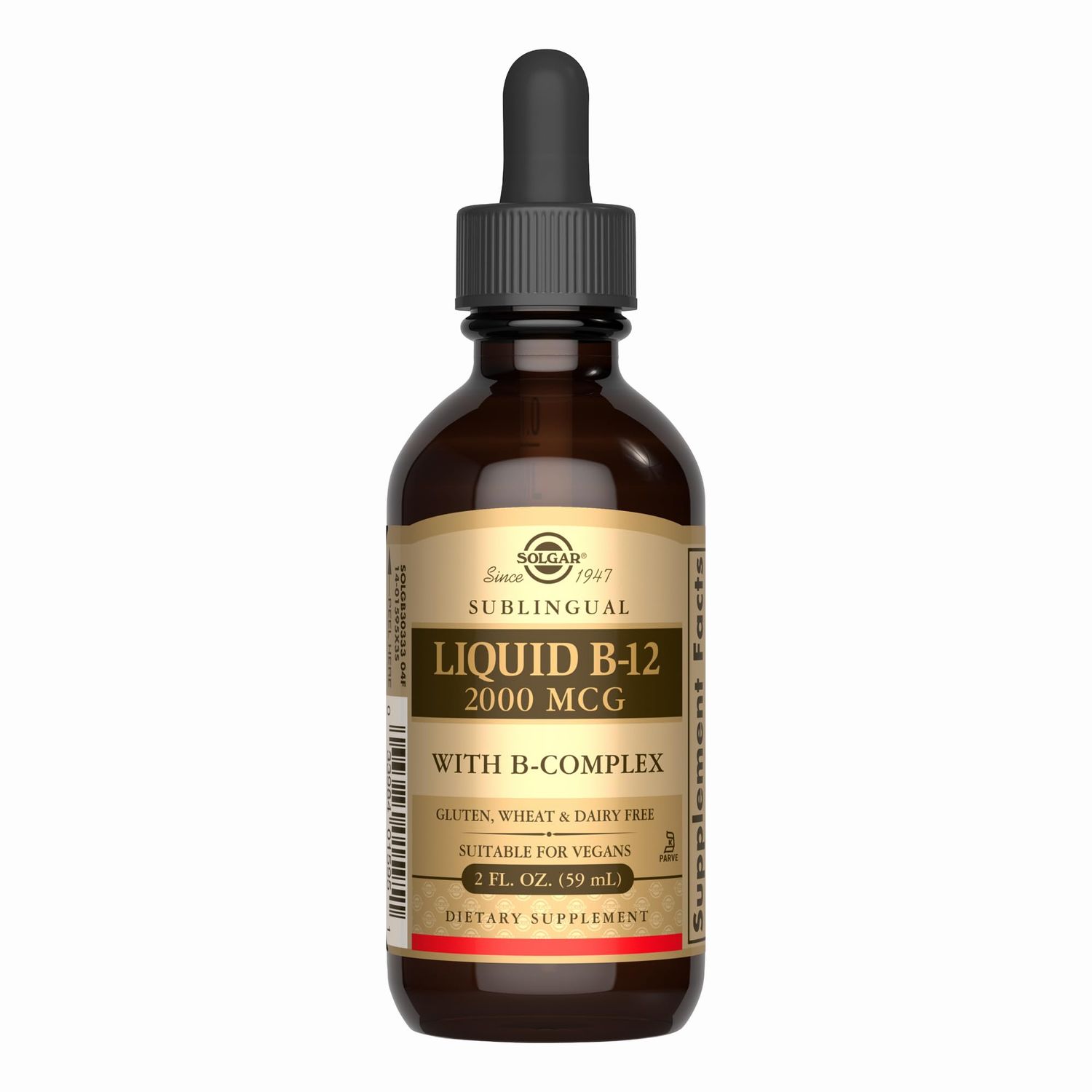 Solgar Sublingual Liquid B-12 2000 mcg with B-Complex - 2 fl oz - Supports Production of Energy, Red Blood Cells, Healthy Nervous System Heart Health - Vegan, Gluten Free - 59 Total Servings