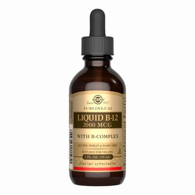 Solgar Sublingual Liquid B-12 2000 mcg with B-Complex - 2 fl oz - Supports Production of Energy, Red Blood Cells, Healthy Nervous System Heart Health - Vegan, Gluten Free - 59 Total Servings