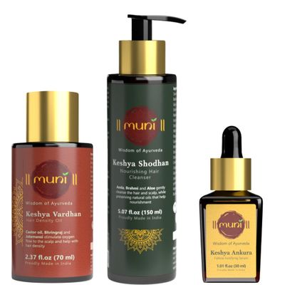 MUNI Hair Nourishing Set with Ayurvedic Herbs - Amla Bhringraj, Castor Rosemary Oil for Hair Density. Sulfate-Free Thickening Products for Women Men. 3 Pcs - Oil, Shampoo, Serum - 8.45 fl oz